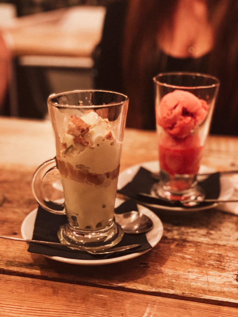 Affogato all`Amaretto and raspberry sorbet